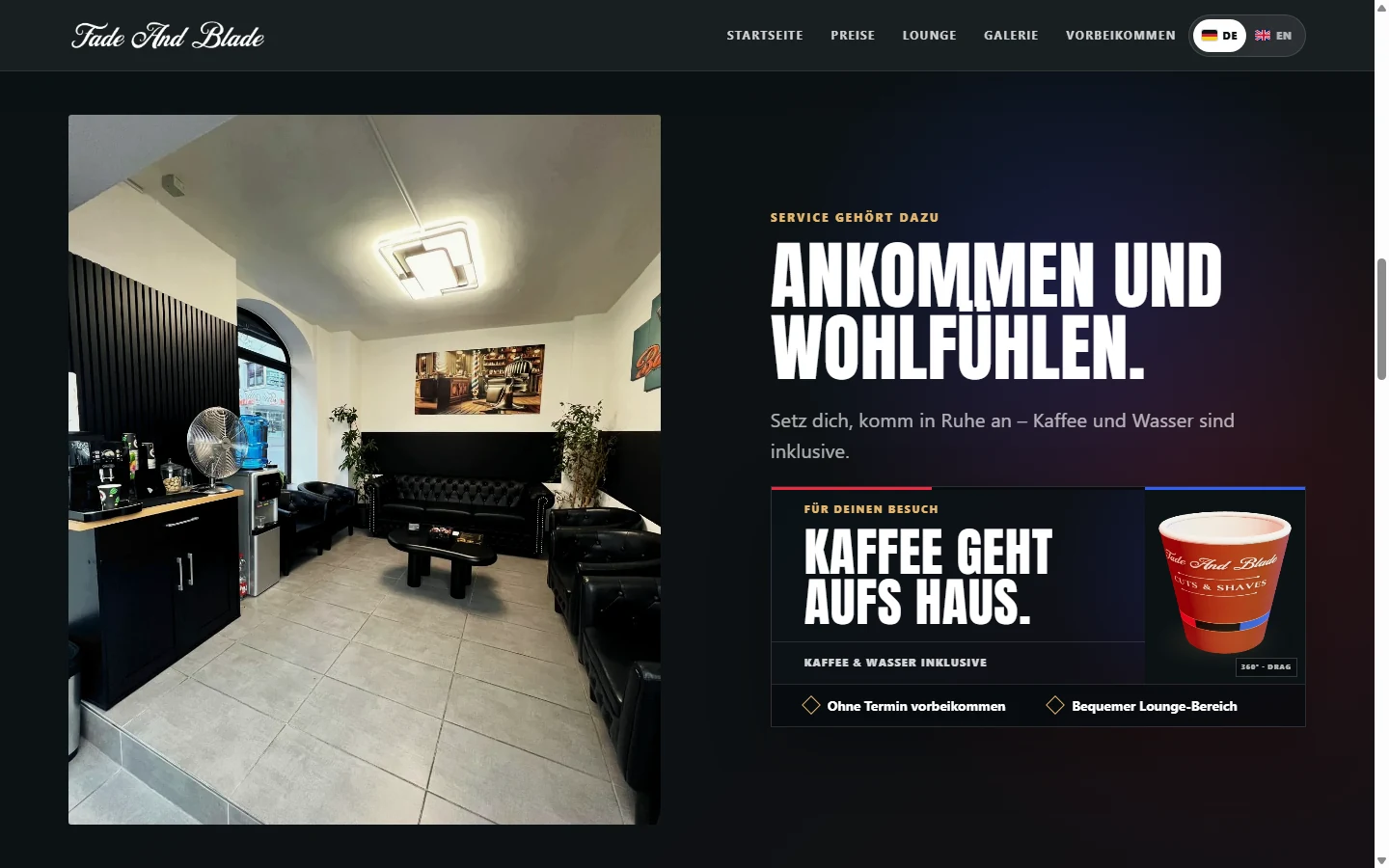 Lounge-Bereich der Fade-&-Blade-Website